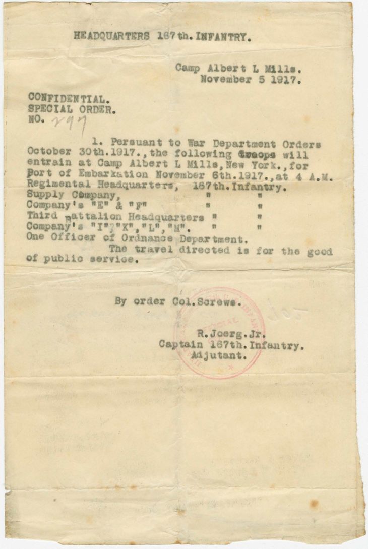 WWI Special Order signed by R. Joerg Jr., Captain 167th Infantry